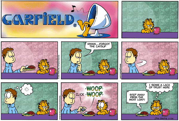 Garfield Sunday comic strip.  See ALT text below.